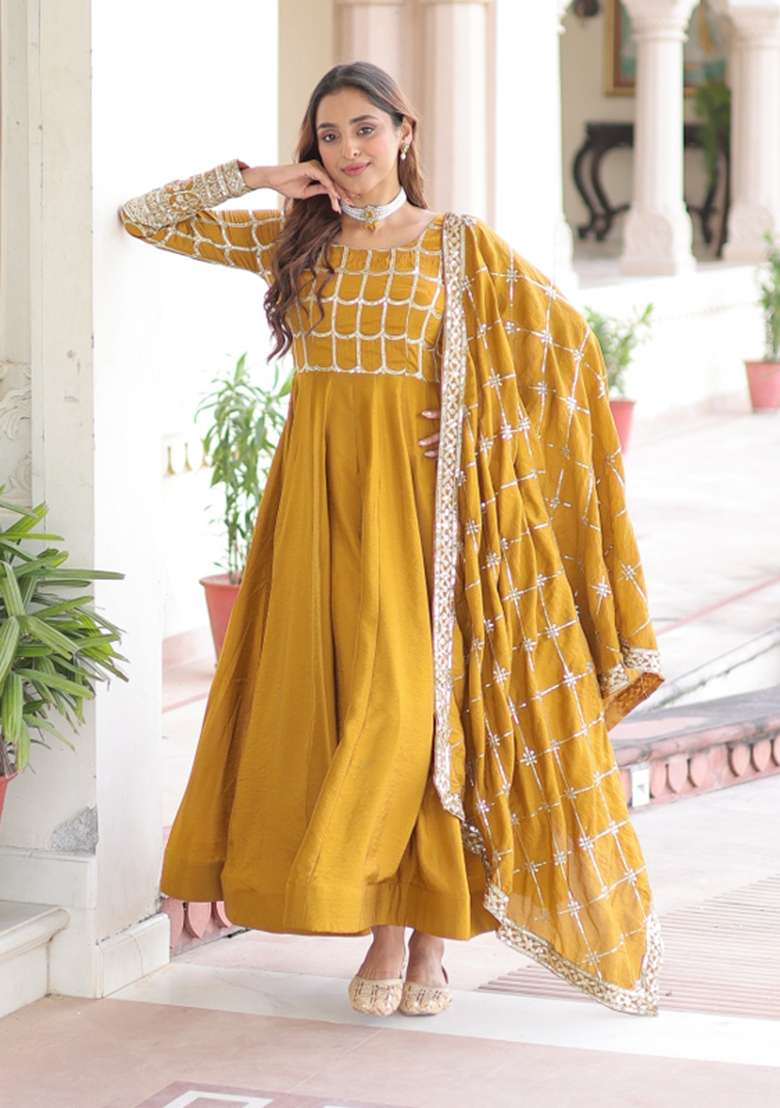 Mustard Embroidered Vichitra Gown With Dupatta - Indya