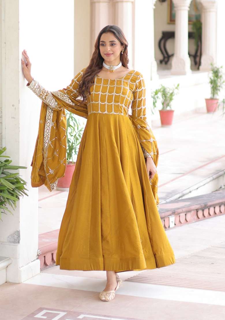 Mustard Embroidered Vichitra Gown With Dupatta - Indya