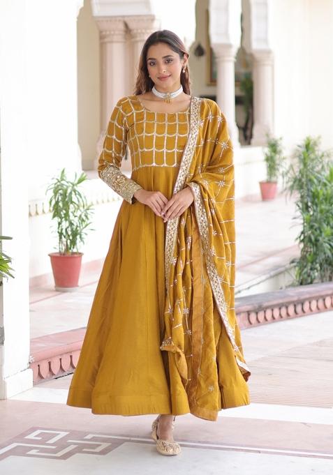 Mustard Embroidered Vichitra Gown With Dupatta