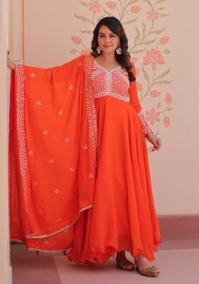 Orange Embroidered Georgette Gown With Dupatta