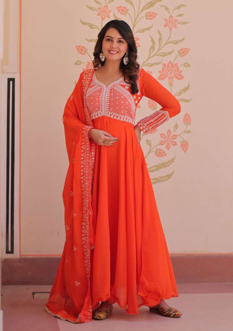 Orange Embroidered Georgette Gown With Dupatta - Indya