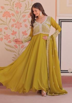 Mehendi Embroidered Georgette Gown With Dupatta