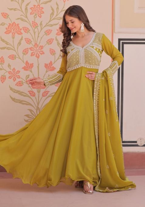 Mehendi Embroidered Georgette Gown With Dupatta