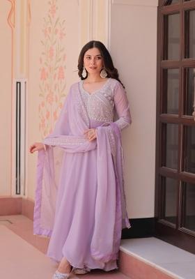Lavender Embroidered Georgette Gown With Dupatta
