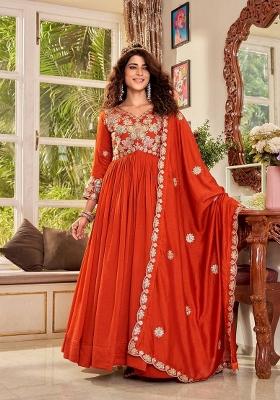 Orange Embroidered Vichitra Gown With Dupatta