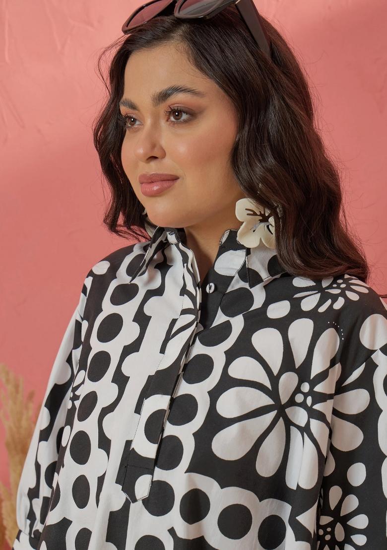 Black Printed Poplin Dress - Indya