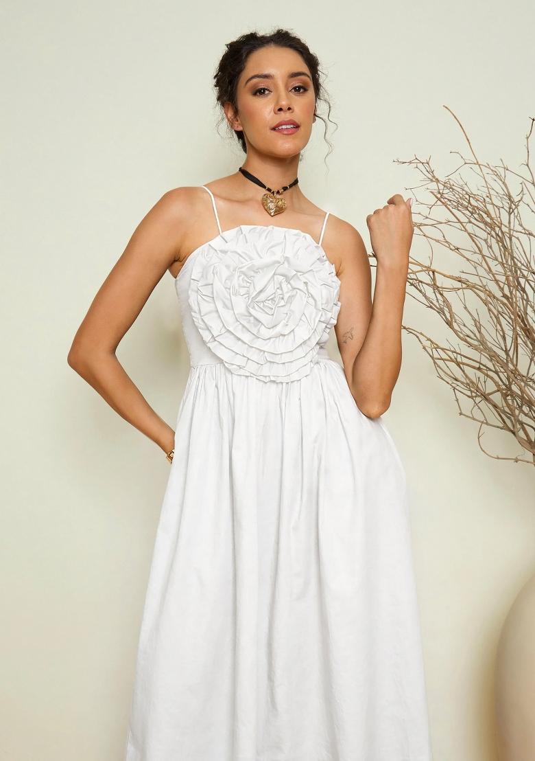 White Solid Poplin Dress - Indya