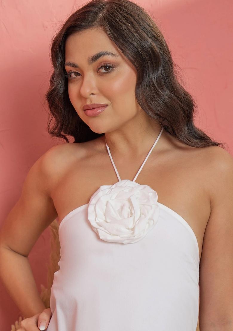 White Solid Poplin Dress - Indya
