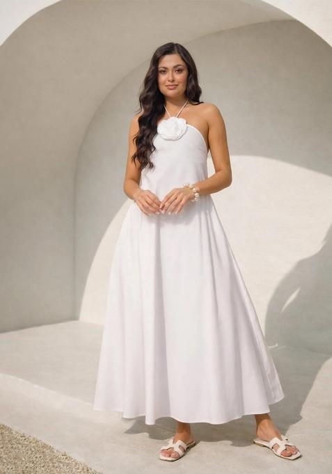 White Solid Poplin Dress