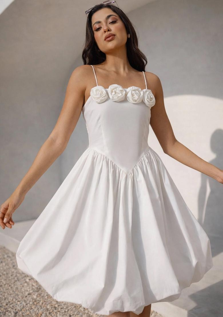 White Solid Poplin Dress - Indya
