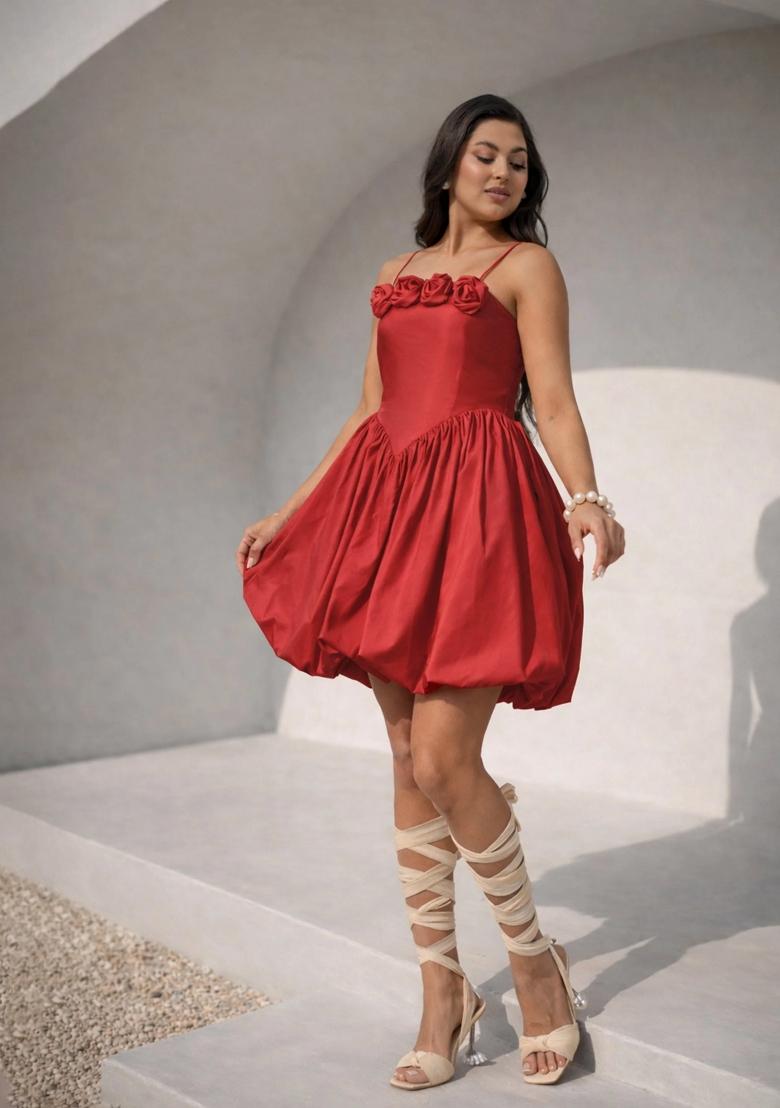 Red Solid Poplin Dress - Indya