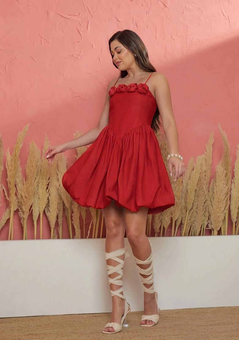 Red Solid Poplin Dress - Indya
