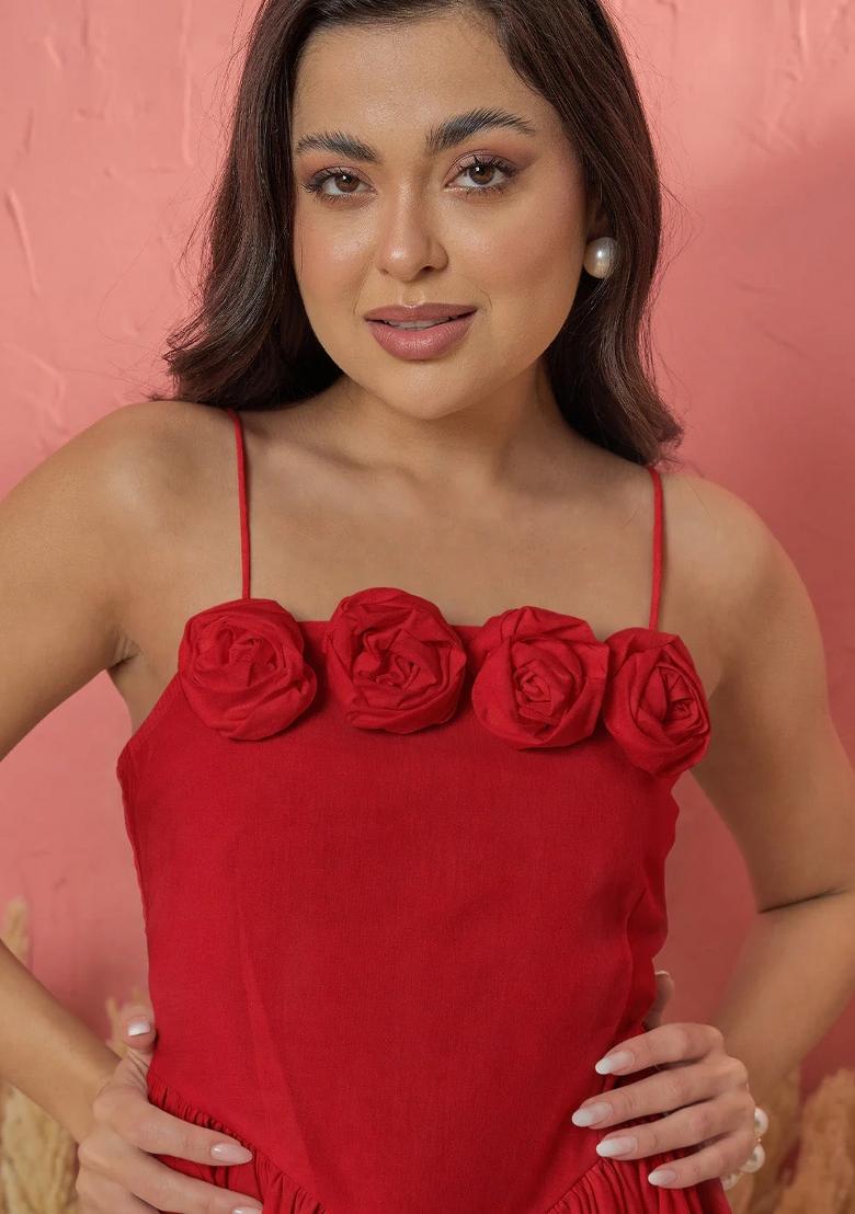Red Solid Poplin Dress - Indya
