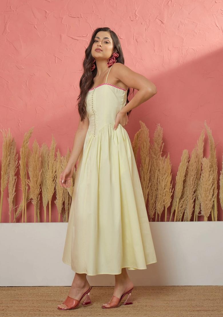 Yellow Solid Poplin Dress - Indya