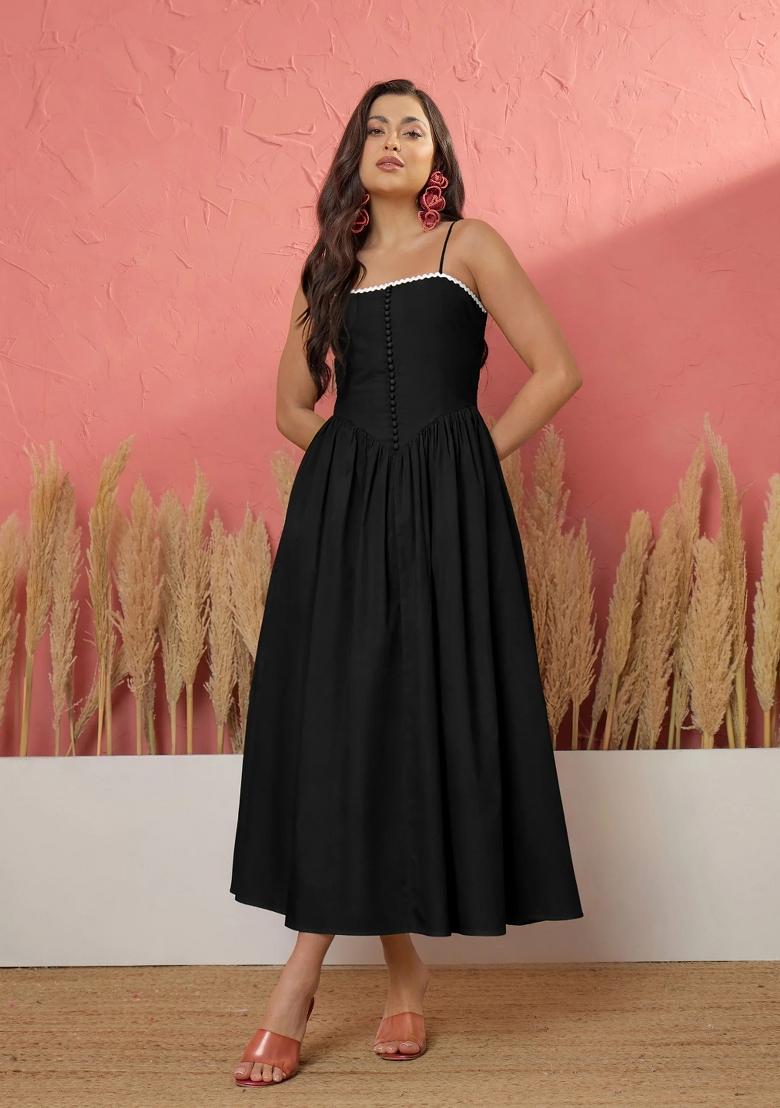 Black Solid Poplin Dress - Indya