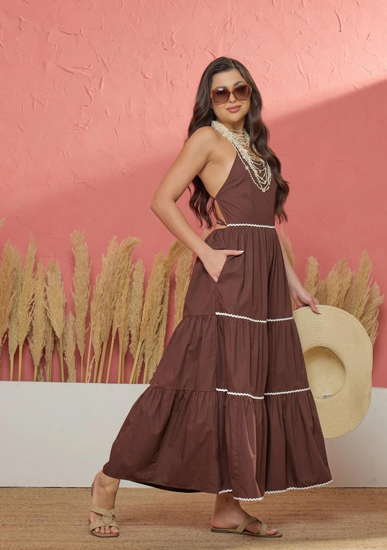 Brown Solid Poplin Dress - Indya