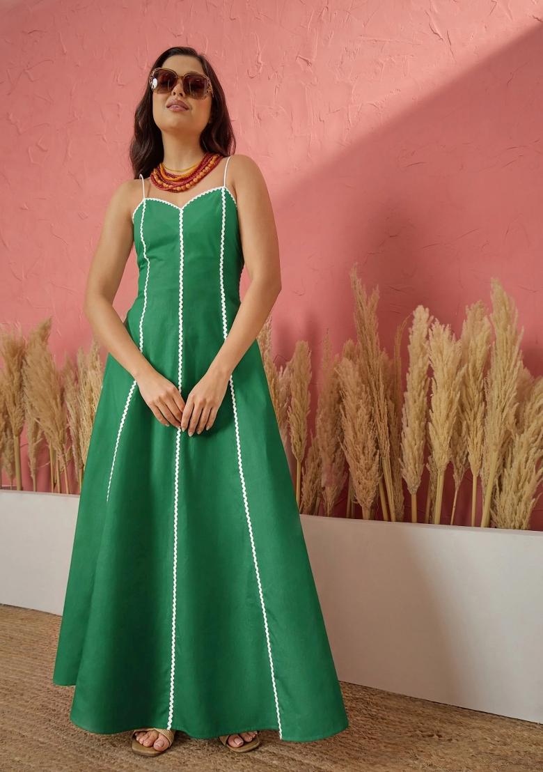 Green Solid Poplin Dress - Indya
