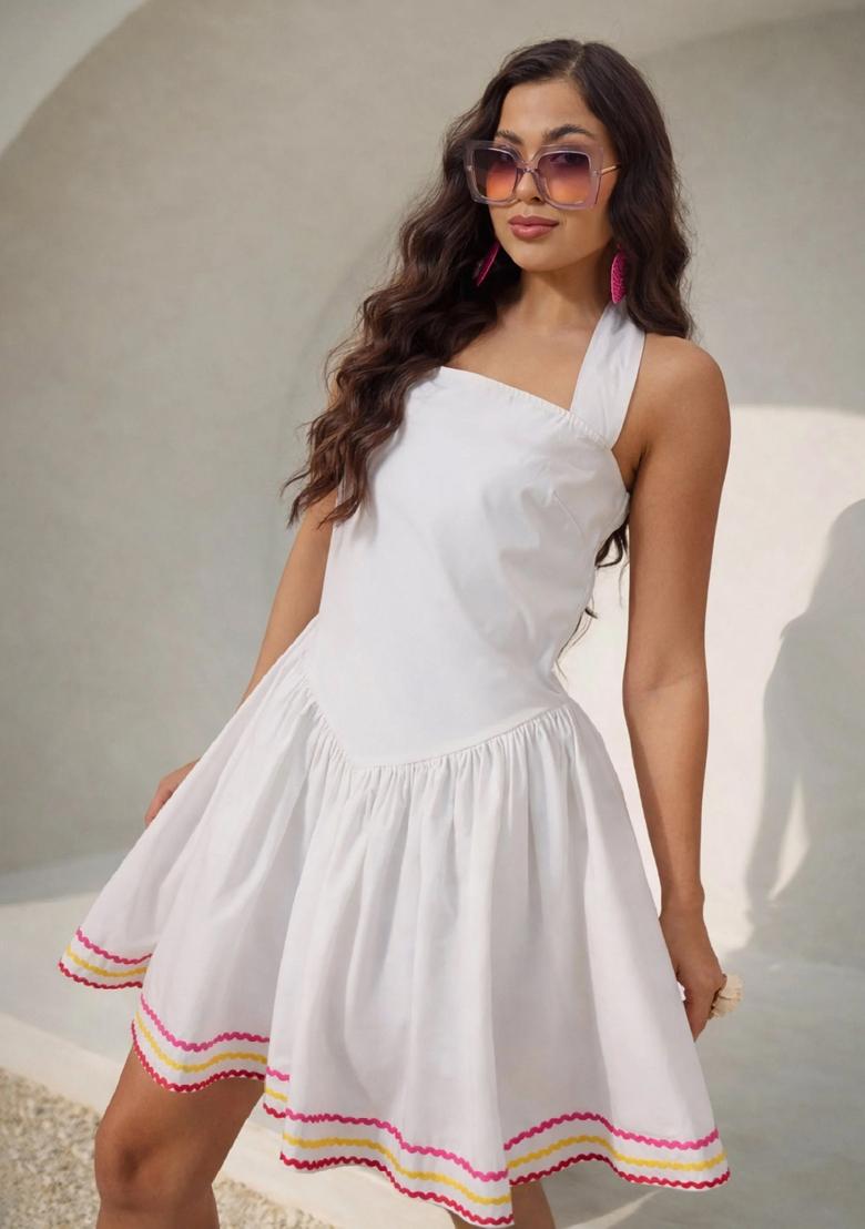 White Solid Poplin Dress - Indya