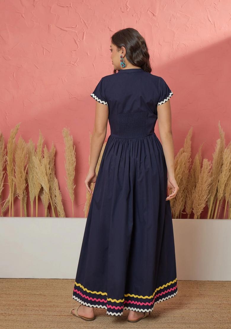 Navy Blue Solid Poplin Dress - Indya