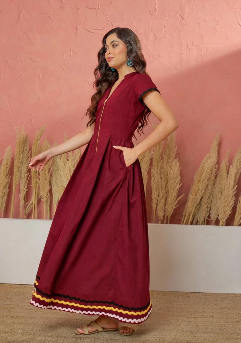 Maroon Solid Poplin Dress - Indya