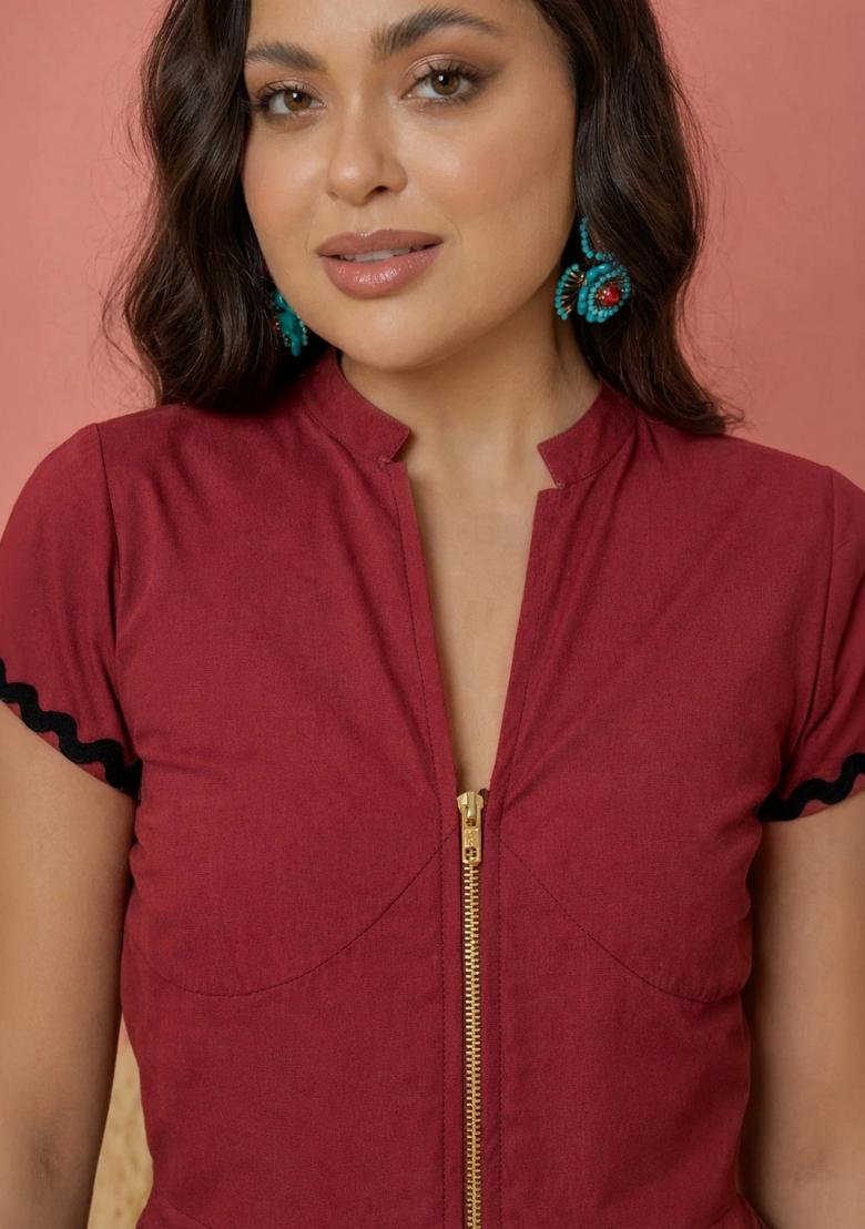 Maroon Solid Poplin Dress - Indya