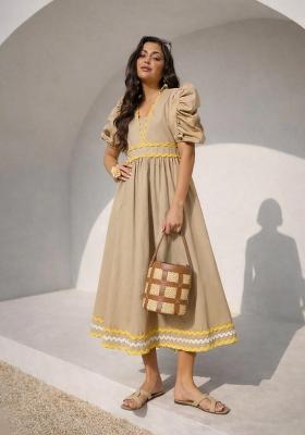 Beige Solid Poplin Dress