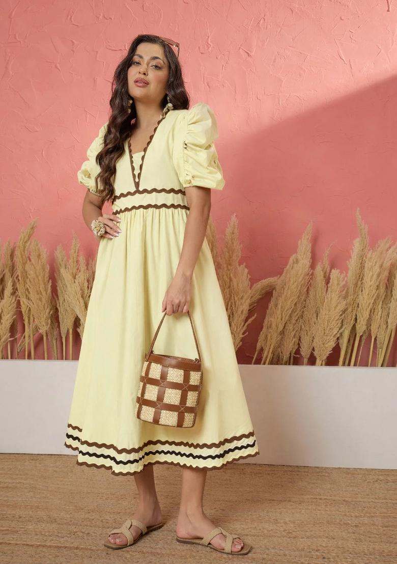 Yellow Solid Poplin Dress - Indya