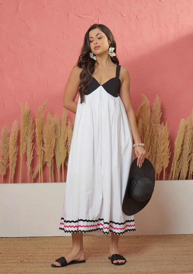 White Solid Poplin Dress - Indya