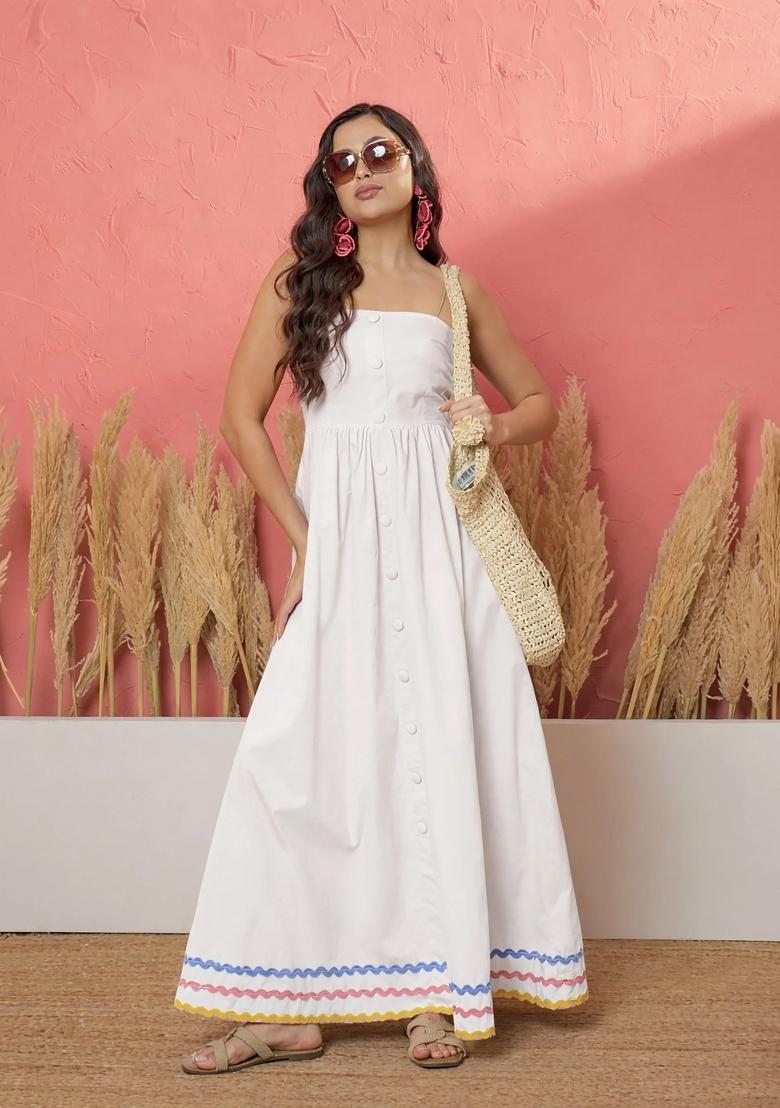White Solid Poplin Dress - Indya