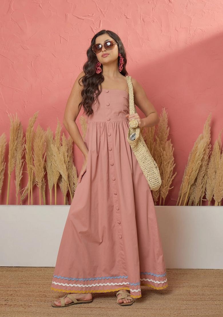 Pink Solid Poplin Dress - Indya