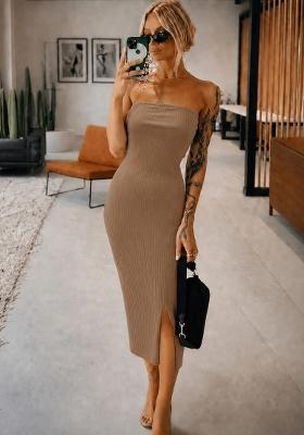 Beige Solid Cotton Dress