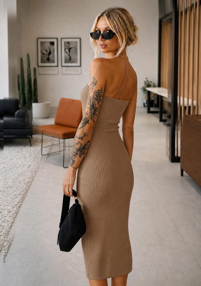 Beige Solid Cotton Dress - Indya