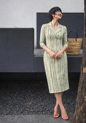 Green Self Design Linen Blend Dress