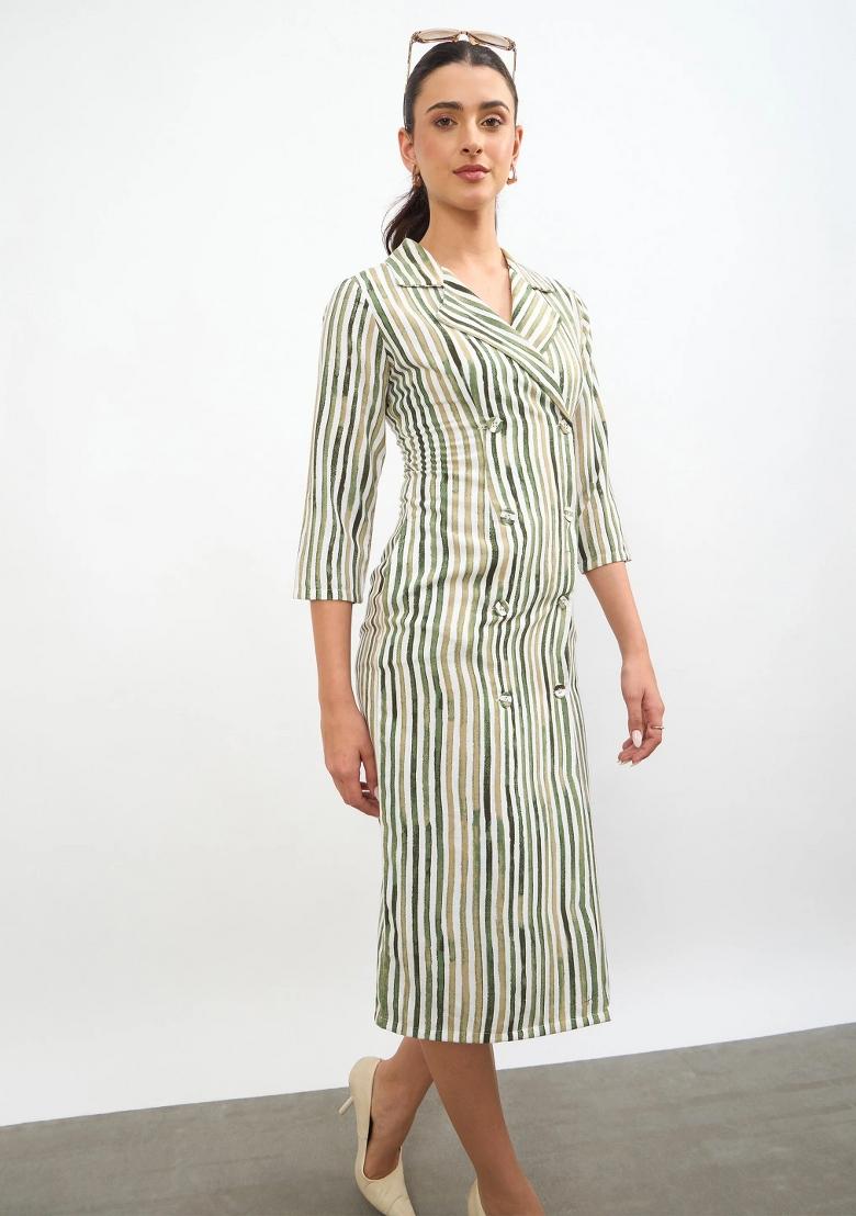 Green Self Design Linen Blend Dress - Indya