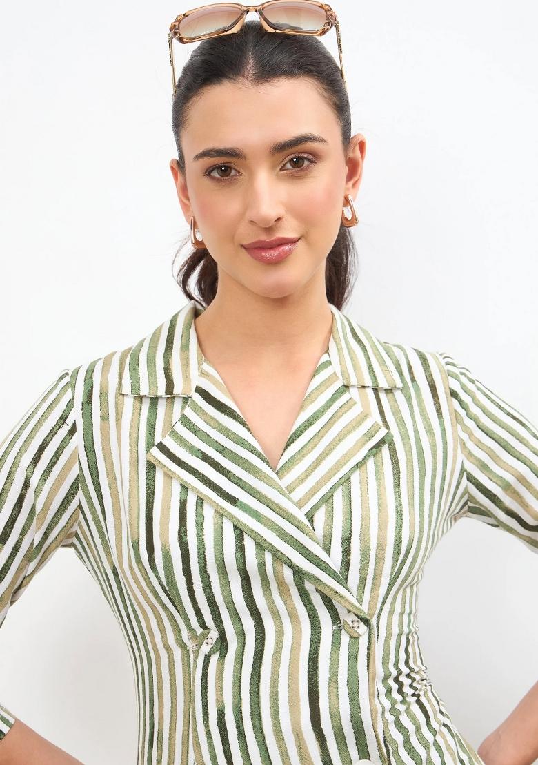 Green Self Design Linen Blend Dress - Indya