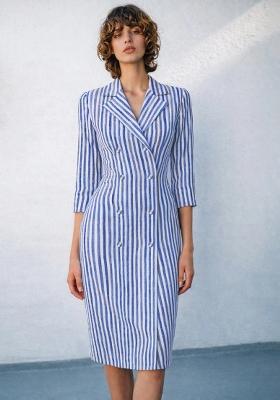 Blue Self Design Linen Blend Dress