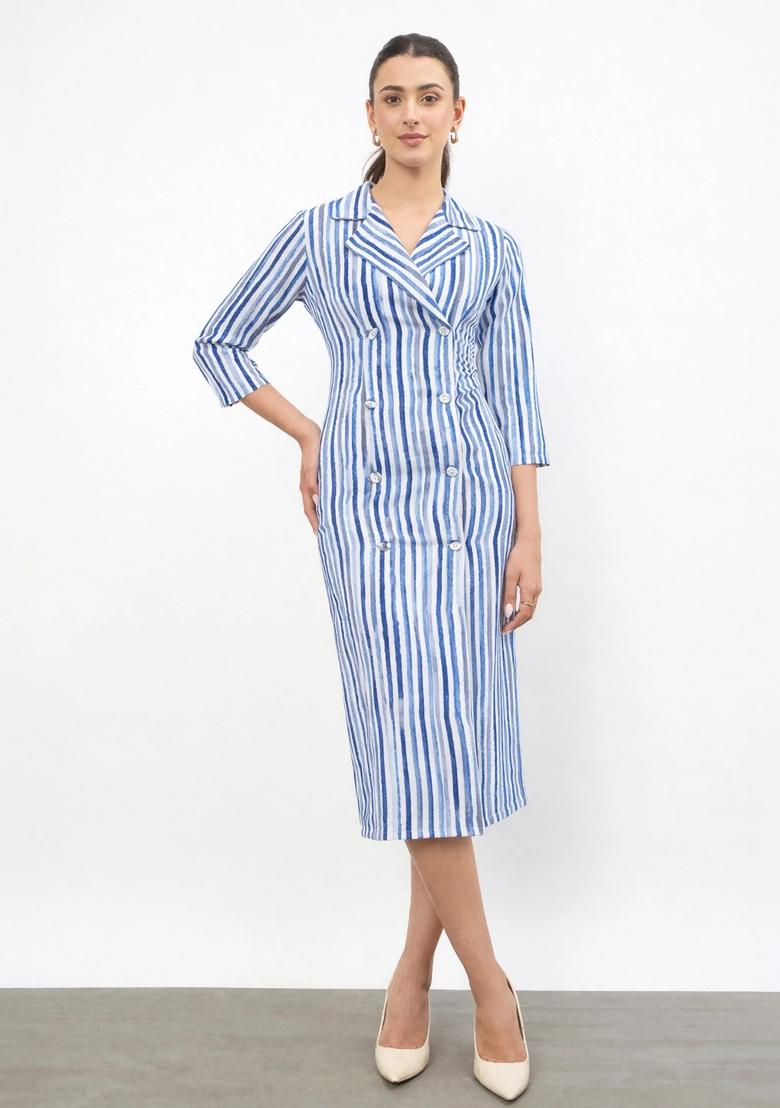 Blue Self Design Linen Blend Dress - Indya
