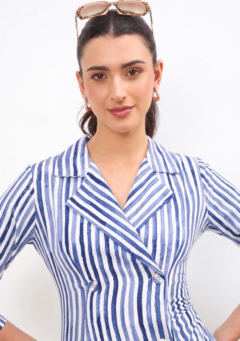 Blue Self Design Linen Blend Dress - Indya