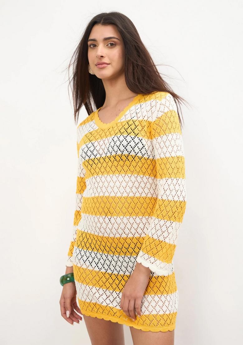 Mustard Self Design Cotton Dress - Indya