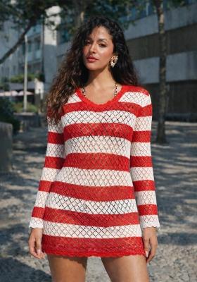 Red Self Design Cotton Dress
