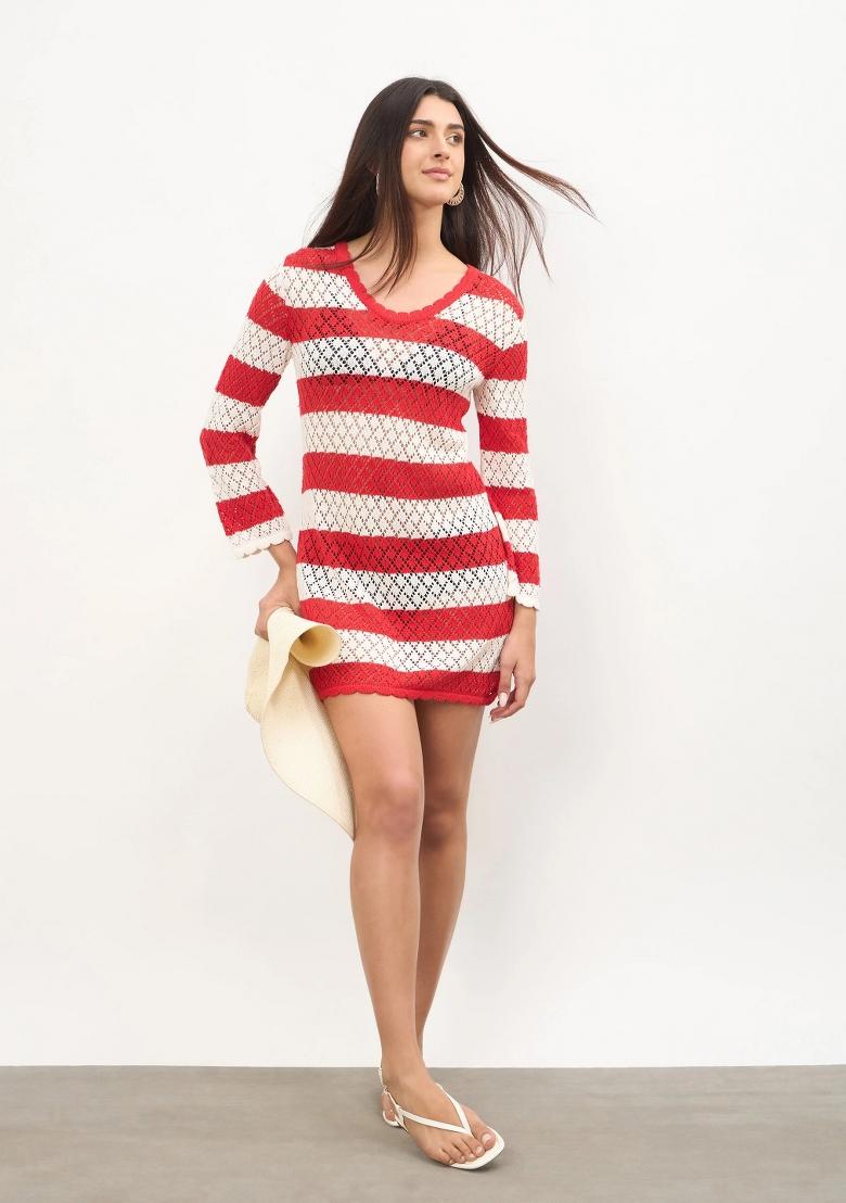 Red Self Design Cotton Dress - Indya