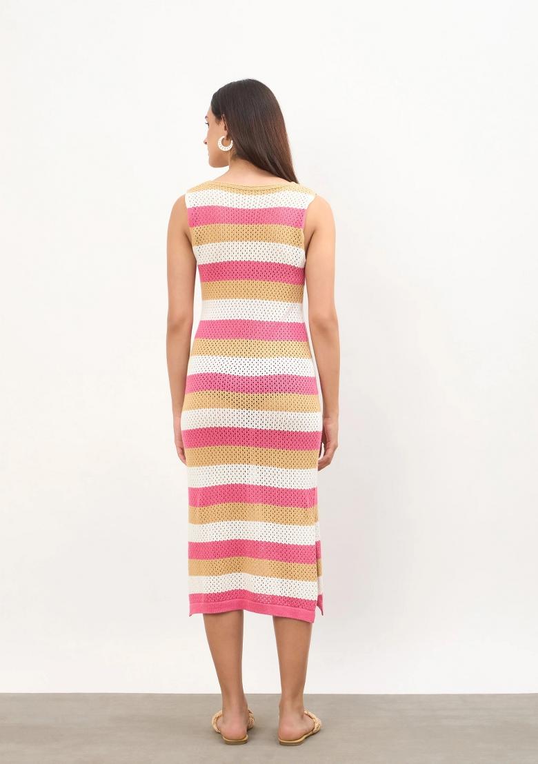 Pink Self Design Cotton Dress - Indya