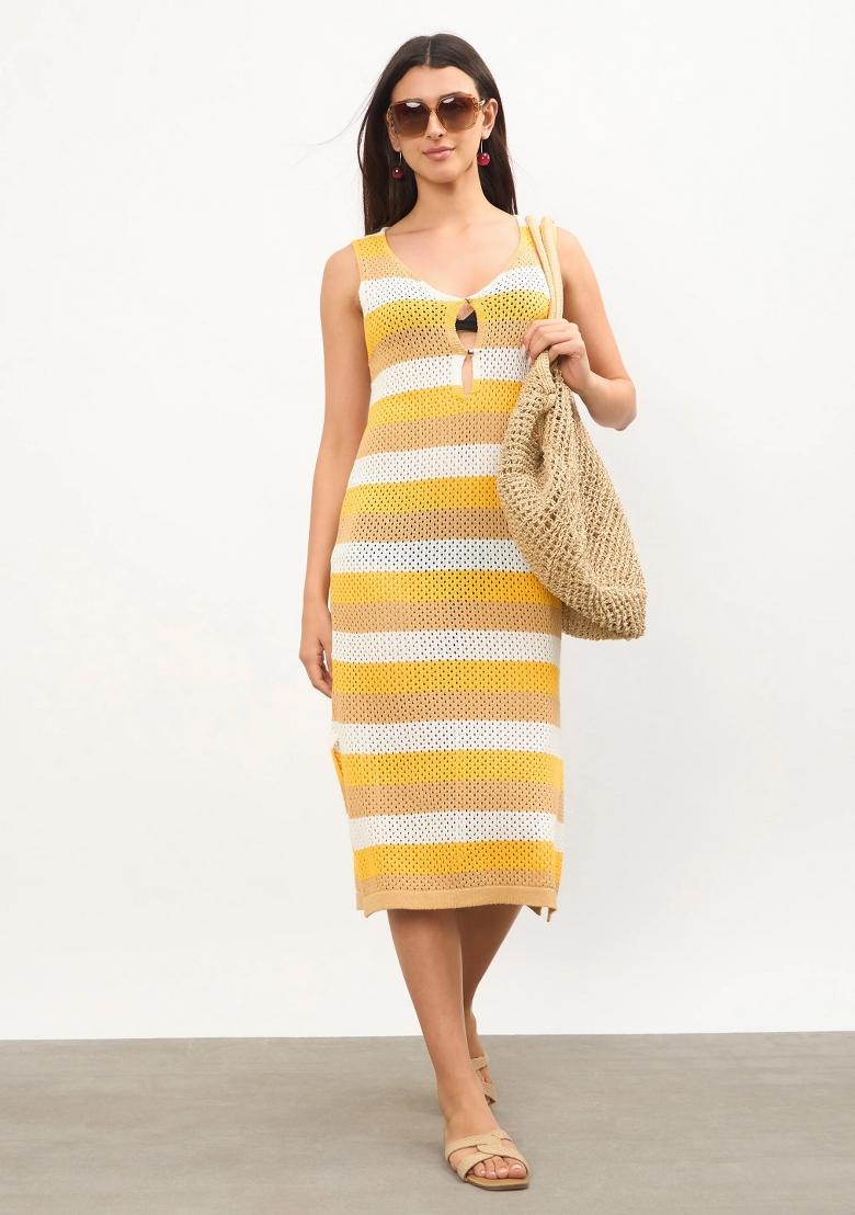 Mustard Self Design Cotton Dress - Indya