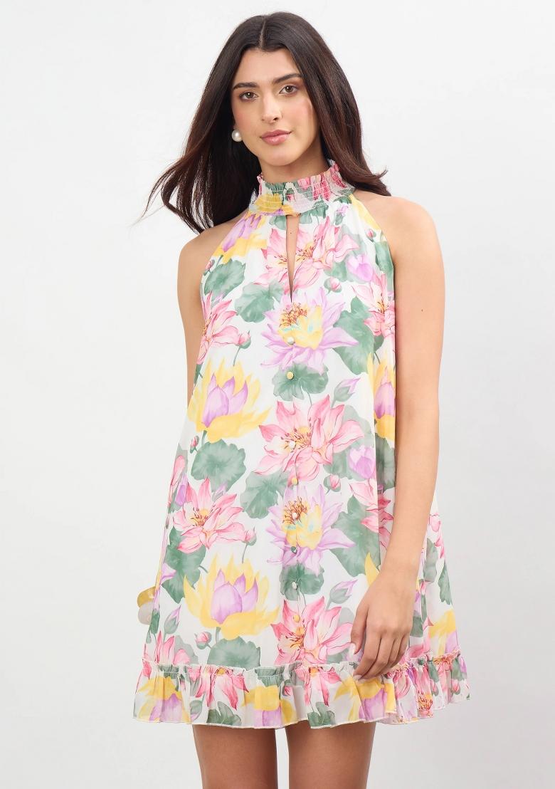 White Printed Georgette Dress - Indya
