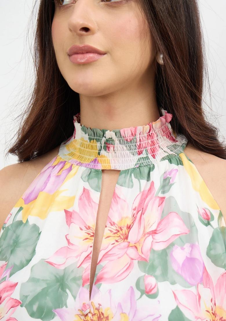 White Printed Georgette Dress - Indya