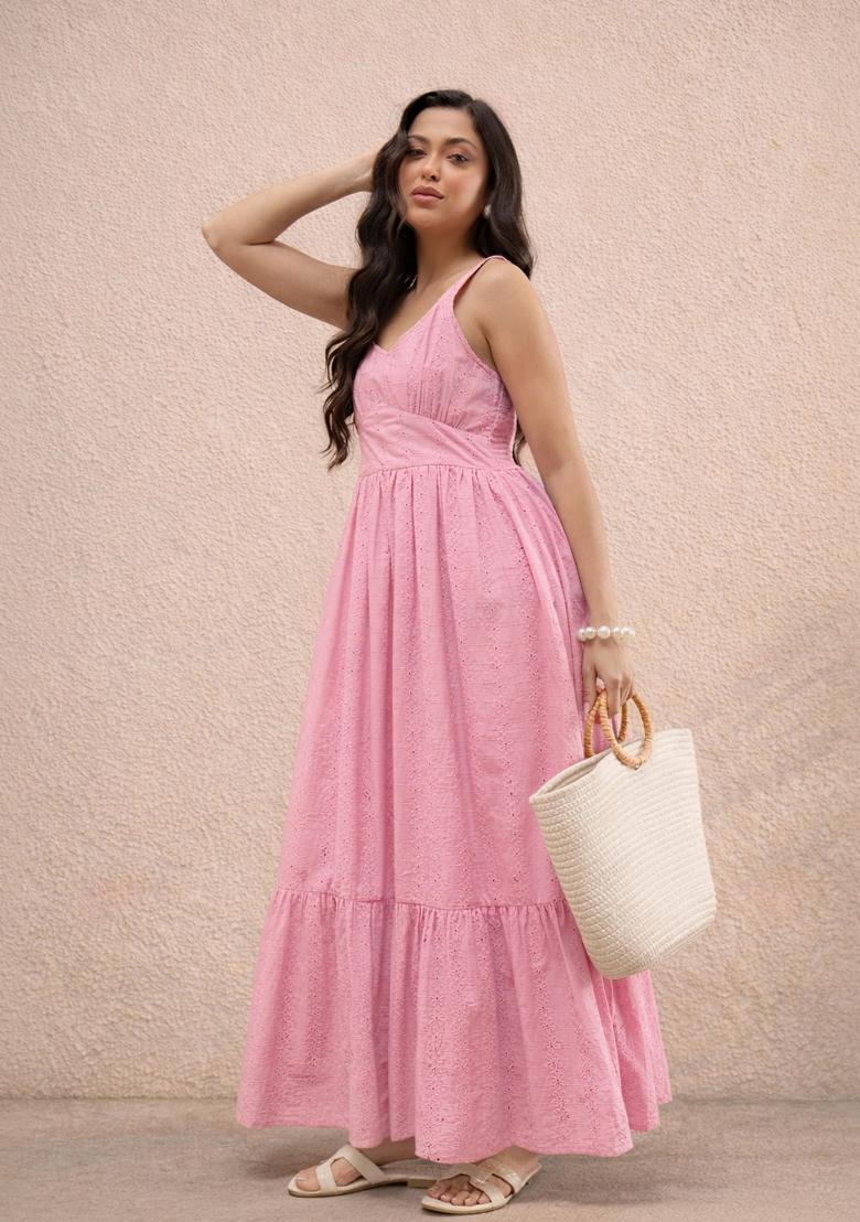 Pink Embroidered Cotton Dress - Indya