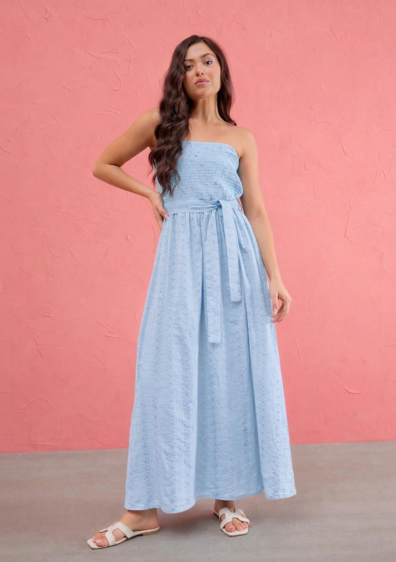 Blue Embroidered Cotton Dress - Indya