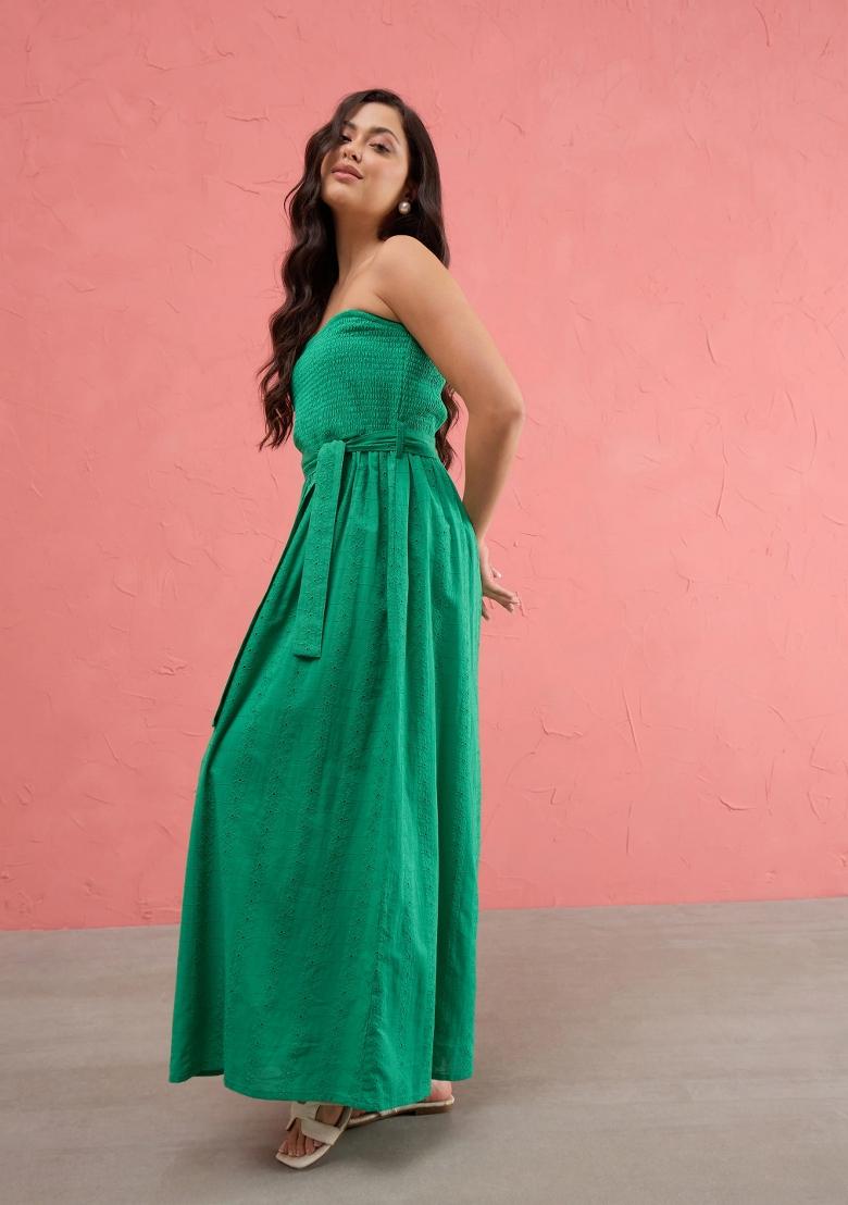 Green Embroidered Cotton Dress - Indya