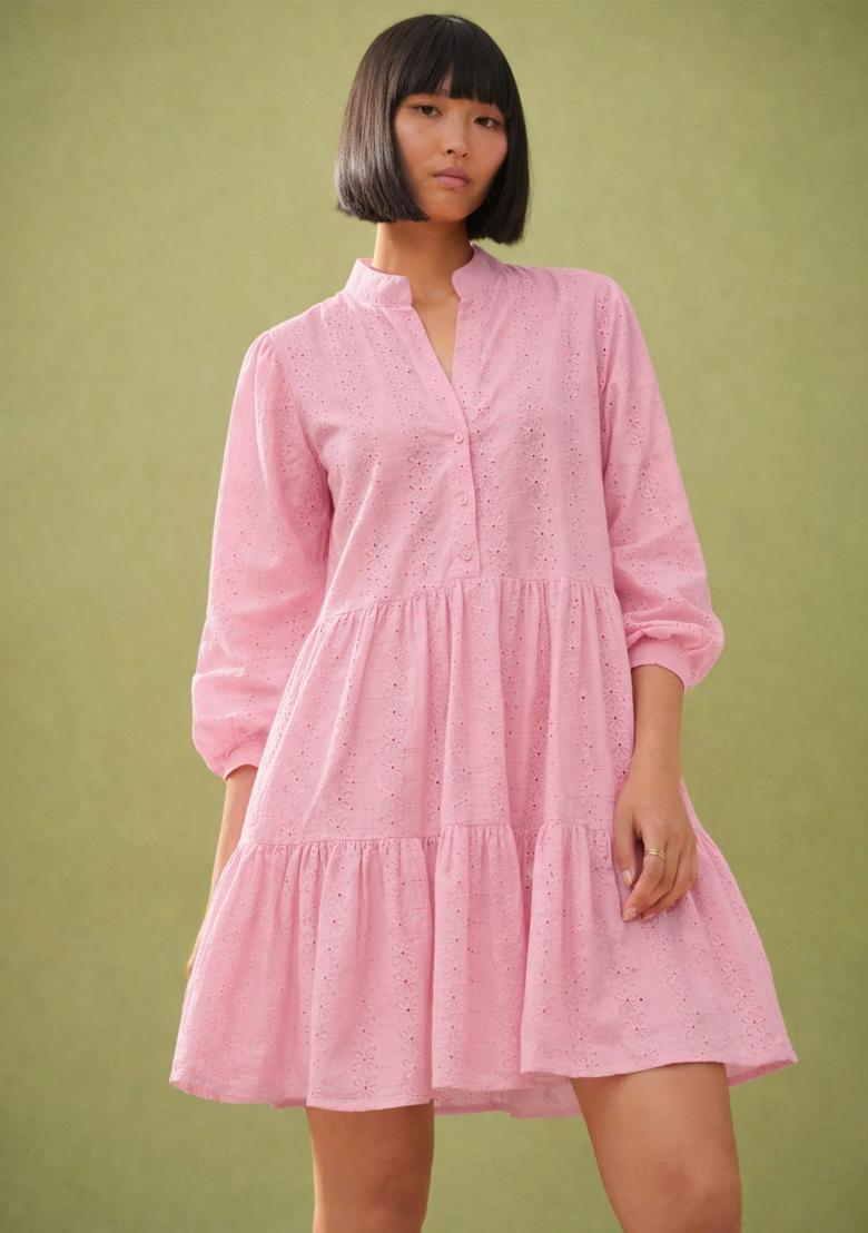 Pink Embroidered Cotton Dress - Indya