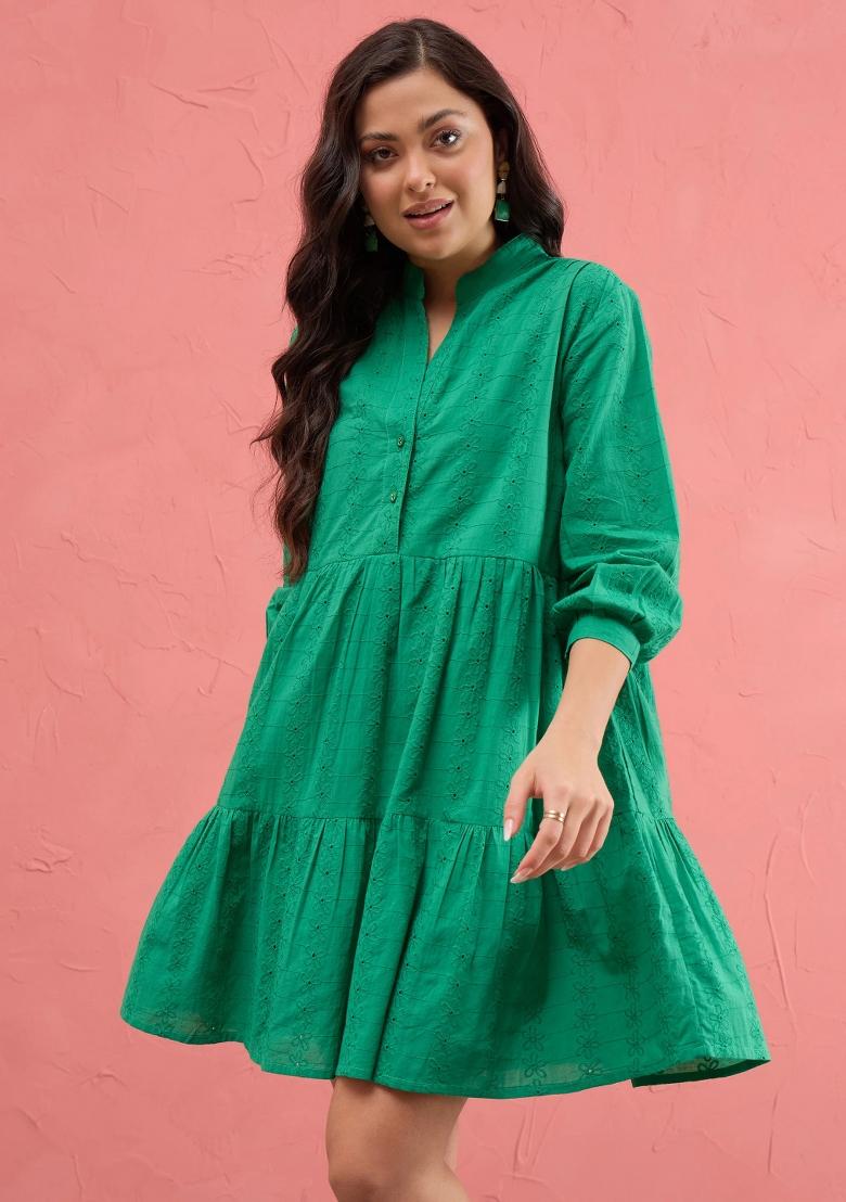 Green Embroidered Cotton Dress - Indya